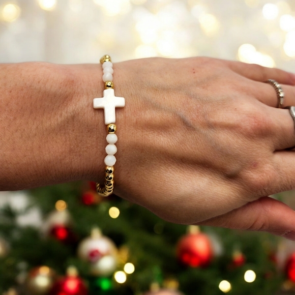 4 mm Golden Hematite,  Mother of Pearl Cross charm bracelet - Picture 3 of 4